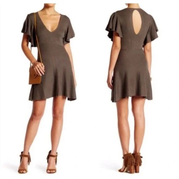 Free People Olive Green Ribbed Knit Ruffle Sleeve V-Neck Skater Keyhole Back - Picture 1 of 8